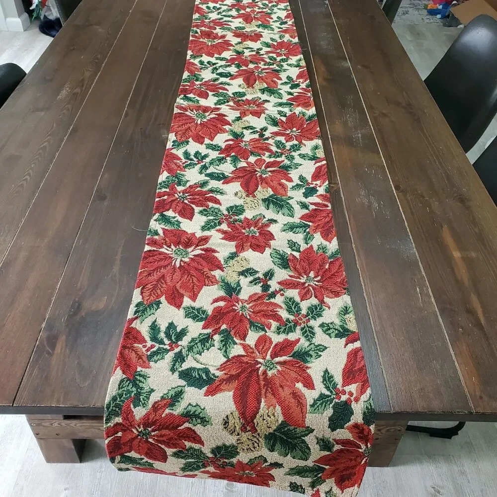 Table Runner Red Green Cream Gold Poinsettias Tapestry 70x12